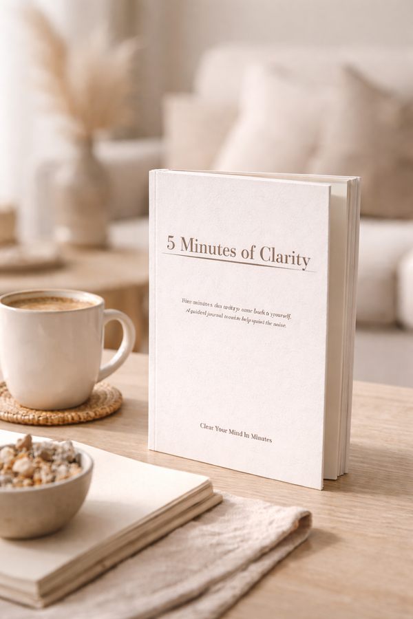 Book titled '5 Minutes of Clarity' on a table with a cup of coffee and snacks.