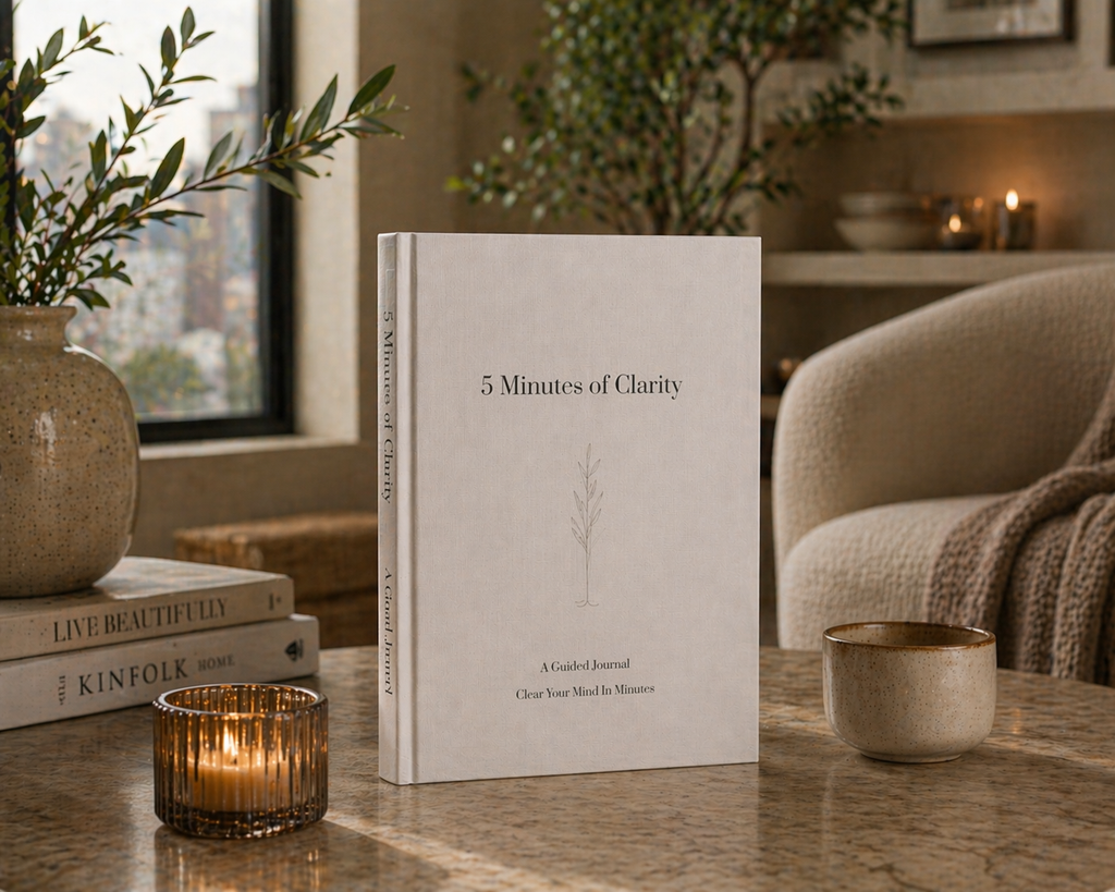 Book titled '5 Minutes of Clarity' on a table with decorative items in a cozy room.