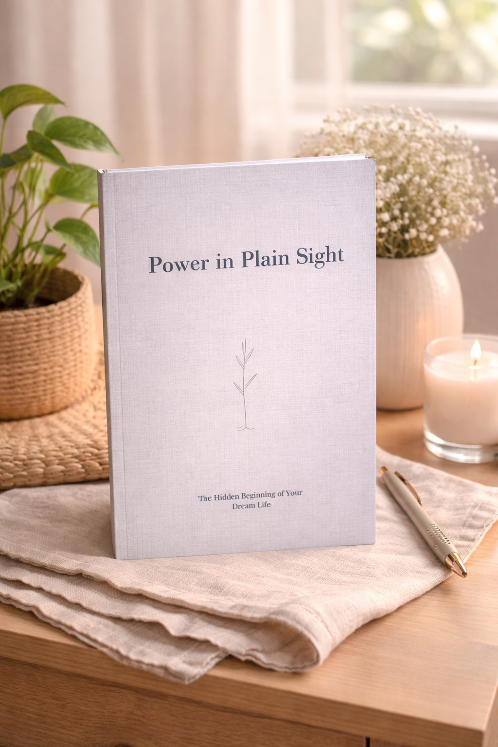 Book titled 'Power in Plain Sight' on a table with a plant and candle in the background